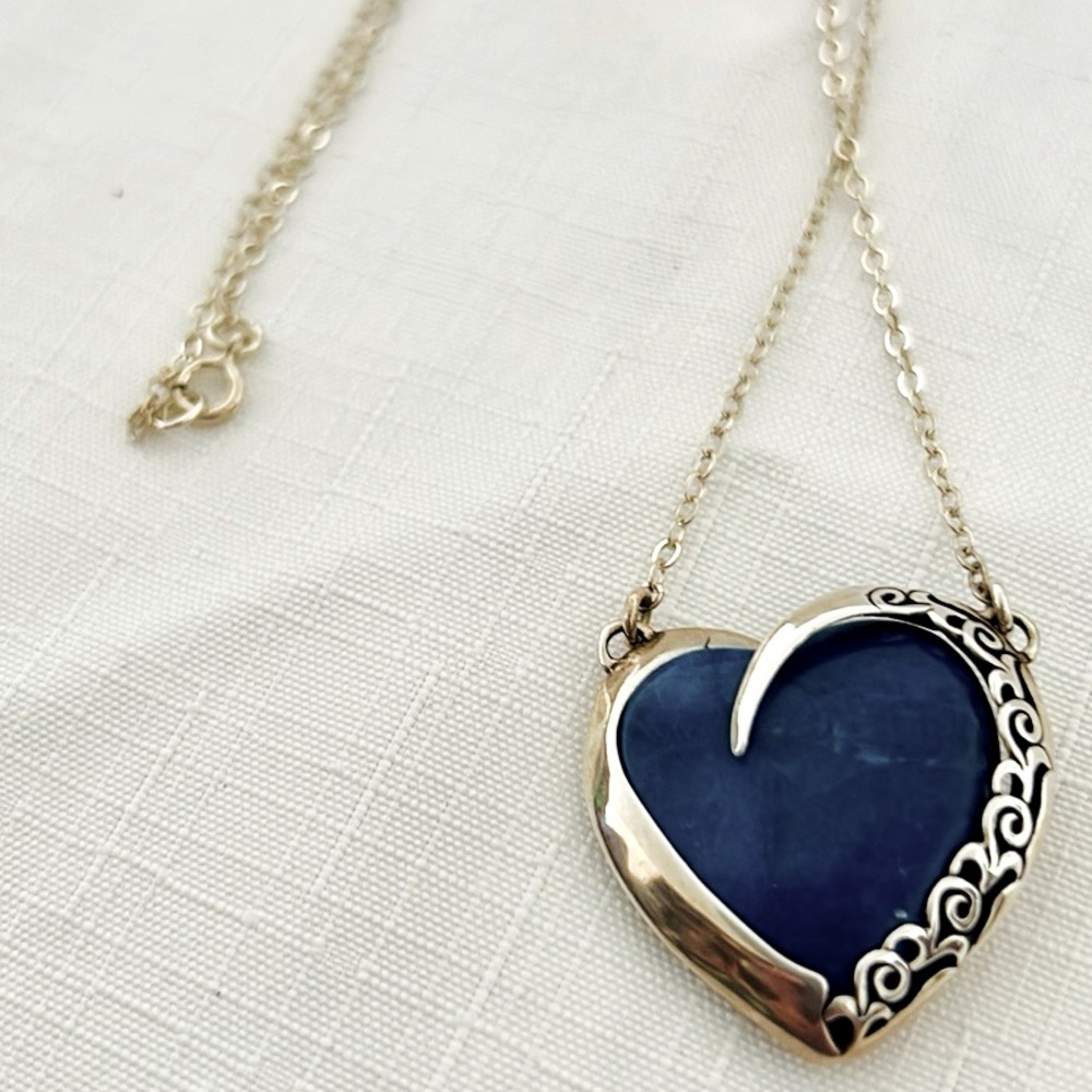 Vintage / Filigree Natural Lapis Heart Necklace / Sterling Silver - Picture 4 of 12